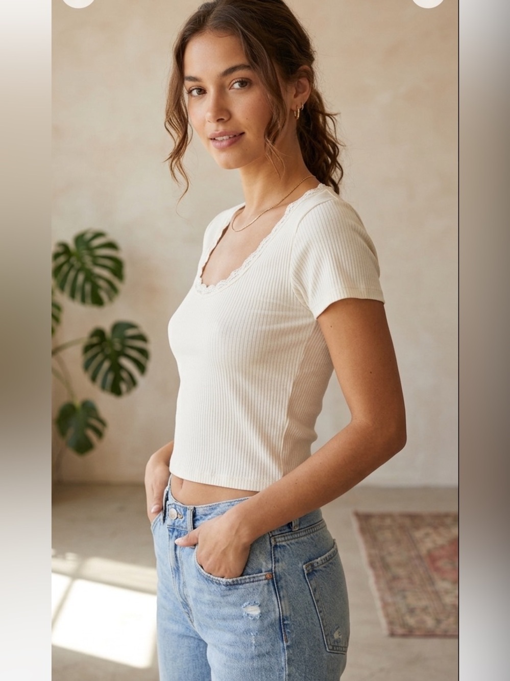 Antistar Cream Ribbed Lace Trim Scoop Neck Short Sleeve Crop Top Small